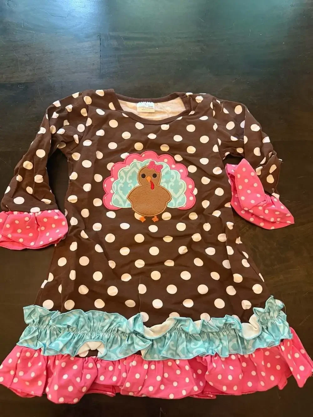 Brown Polka Dot Turkey Dress with Ruffles size S (2/3T)